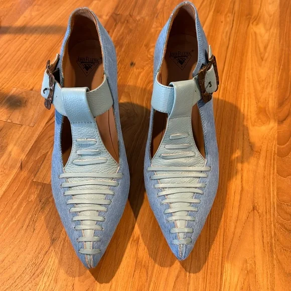 John Fluevog Baby Blue pony and leather pumps w/copper heel caps. 8.5. Worn once - Picture 2 of 10